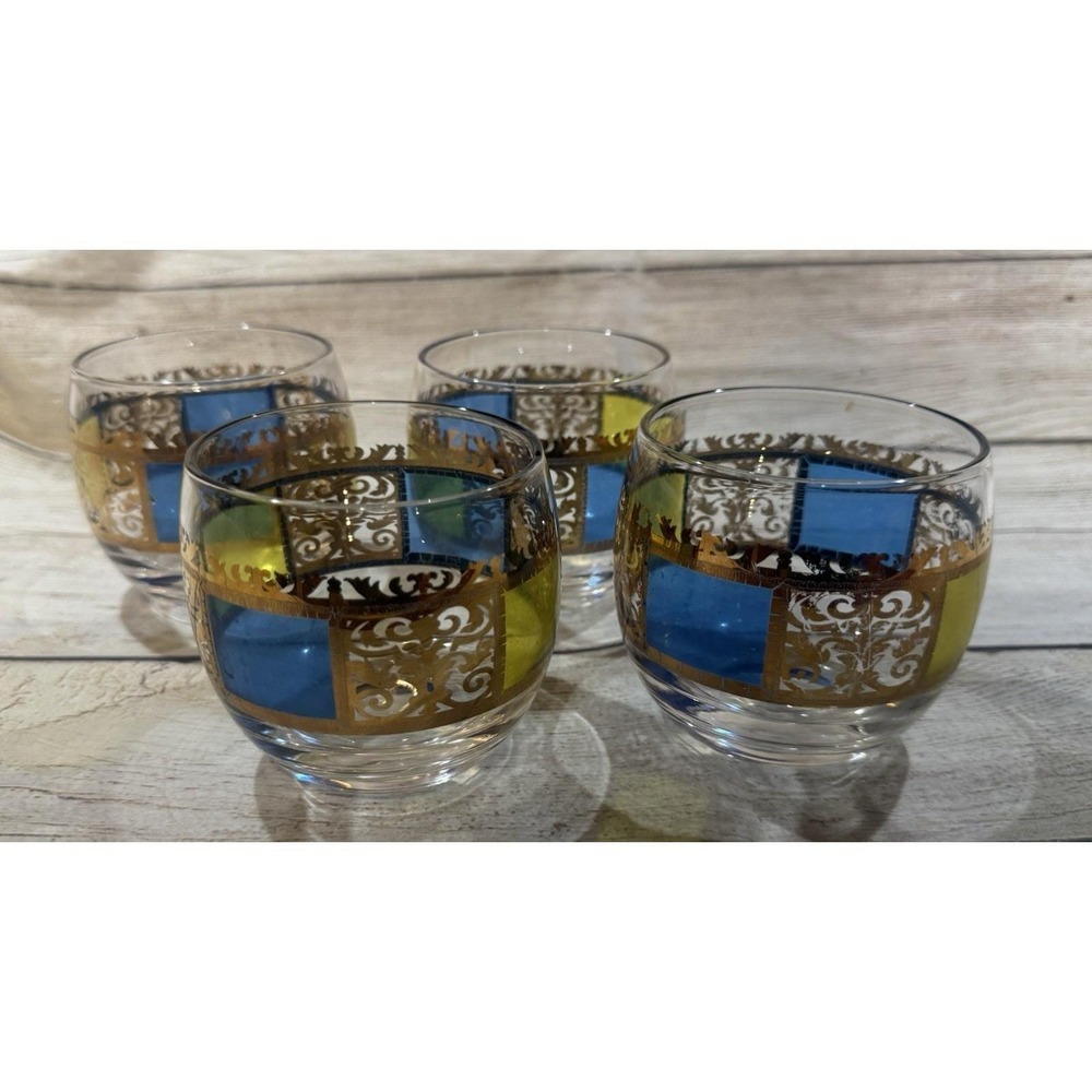 Vintage Lot of 4 Culver Roly Poly Riviera Yellow Blue Gold Barware Glasses MCM